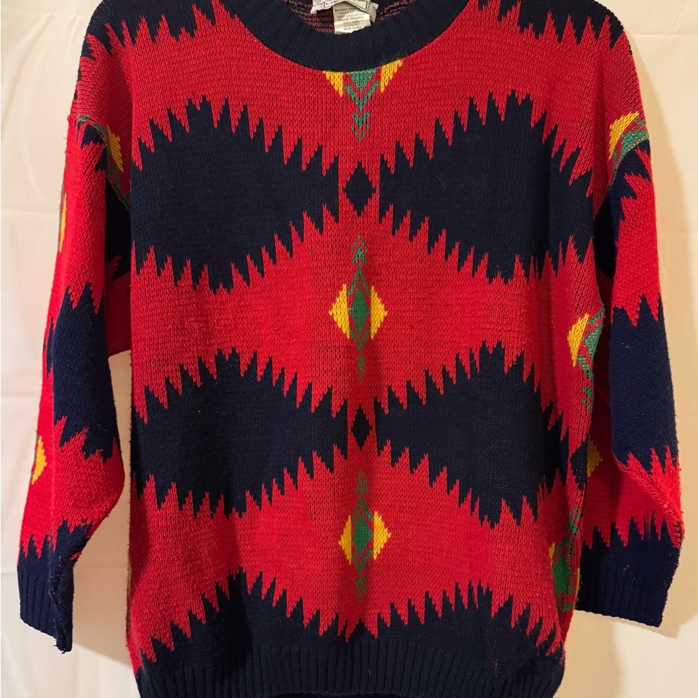 Hemp Brand Women’s Sweater Large Retro Knitted Pattern Sweater Red Blue Yellow